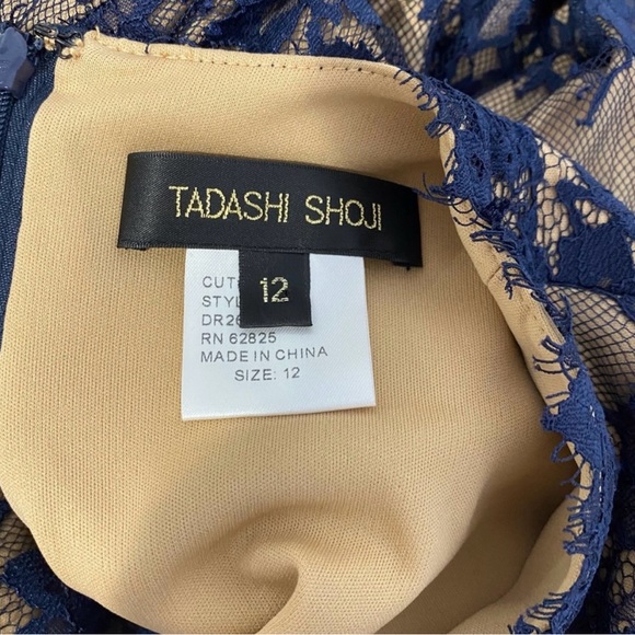 TADASHI SHOJI Navy Blue and Beige Scallop Lace Belted Dress - Picture 5 of 7